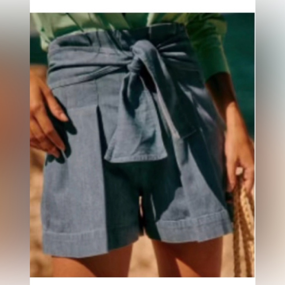 Sezane Chambray Blue High-Waist Tie-Front Shorts
